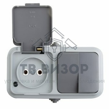 Блок
 Выключатель двухклавишный + розетка  влагозащищенная для открытой установки Rexant  IP 54, выключатель 10 А (78-0528)-0