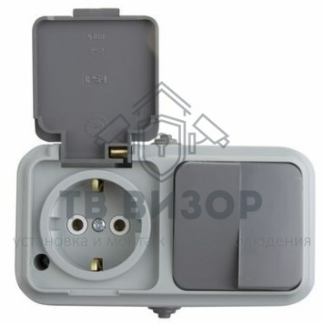 Блок
 Выключатель двухклавишный + розетка влагозащищенная для открытой установки Rexant IP 54, выключатель 10 А (78-0530)-1