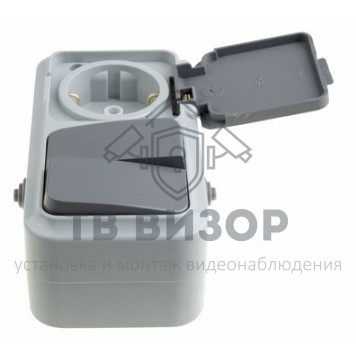 Блок
 Выключатель двухклавишный + розетка влагозащищенная для открытой установки Rexant IP 54, выключатель 10 А (78-0530)-0