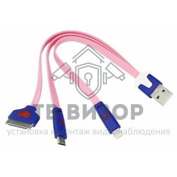
 USB кабель 3 в 1 светящиеся разъемы для iPhone 5/4/microUSB шнур 0.15М розовый (18-4251)-0