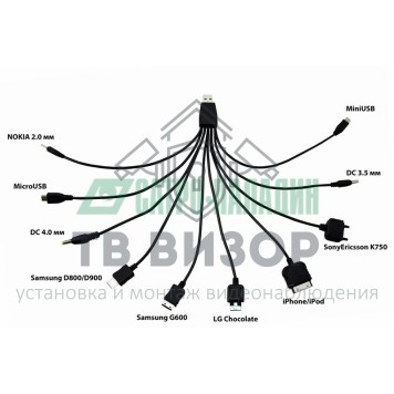 
 USB кабель 10 в 1 microUSB/miniUSB/30 pin/LG Chocolate/Samsung/SonyEricsson/DC 3.5/DC 4.0/Nokia (18-1196)-0