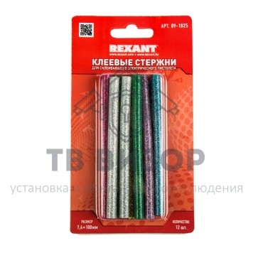 Термоклей
 Клеевые стержни d=7,4 мм, L=100 мм, цветные с блестками (упак. 12 шт.) (блистер) REXANT (09-1025)-2