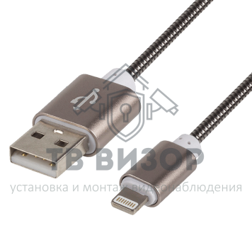
 USB кабель для iPhone 5/6/7 моделей, шнур в металлической оплетке, черный (18-4222) кратно 10 шт-0