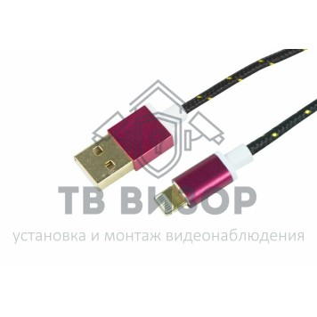 
 USB кабель для iPhone 5/6/7 моделей, шнур в тканевой оплетке, черный REXANT (18-4245)-0