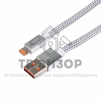 
 USB кабель для iPhone 5/6/7/8/X моделей, плоский шнур текстиль белый (18-1979-9)-0