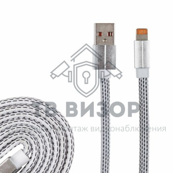 
 USB кабель для iPhone 5/6/7/8/X моделей, плоский шнур текстиль белый (18-1979-9)-1